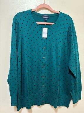 Lands' End Teal Navy Polka Dot Button-Up  Cotton Cardigan size 2x